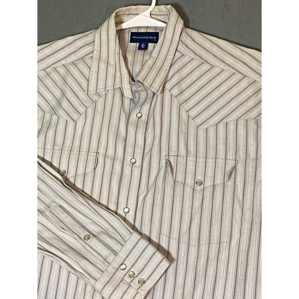 Panhandle Slim Pearl Snap Shirt L  White/Gray Stripe Pockets Rockabilly Cowboy